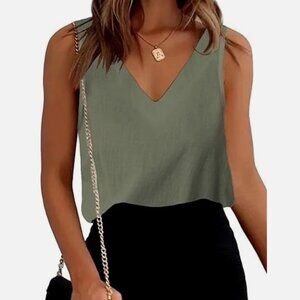 Chigant Womens Cotton Linen Tank Tops V Neck Casual Cami Sleeveless Blouses